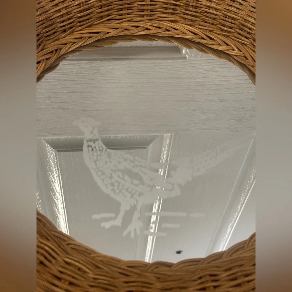 Round Wicker Wall Mirror with Bird Design